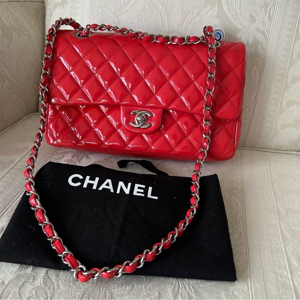 Authentic Chanel Red Patent Leather Medium Classic Double Flap Bag with card